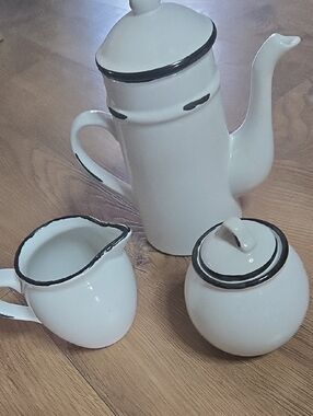 Willow Pottery 1889 White Ceramic Coffee Set with Hand Painted Black Rim Detail
